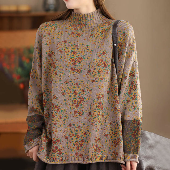 Suéter de punto de manga larga con cuello alto y estampado floral de Buddha Stones para mujer. - image 12