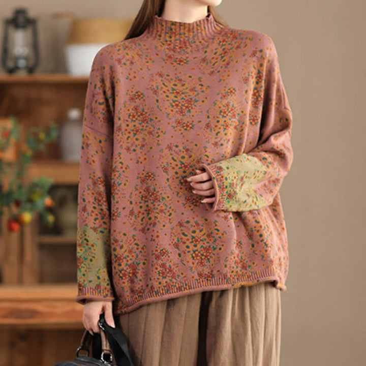 Suéter de punto de manga larga con cuello alto y estampado floral de Buddha Stones para mujer. - image 1