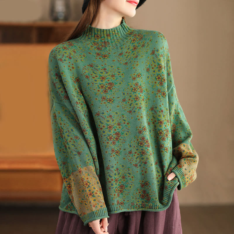 Suéter de punto de manga larga con cuello alto y estampado floral de Buddha Stones para mujer. - image 17