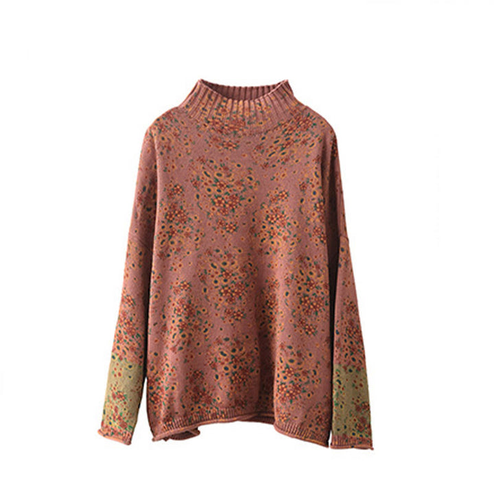 Suéter de punto de manga larga con cuello alto y estampado floral de Buddha Stones para mujer. - image 8