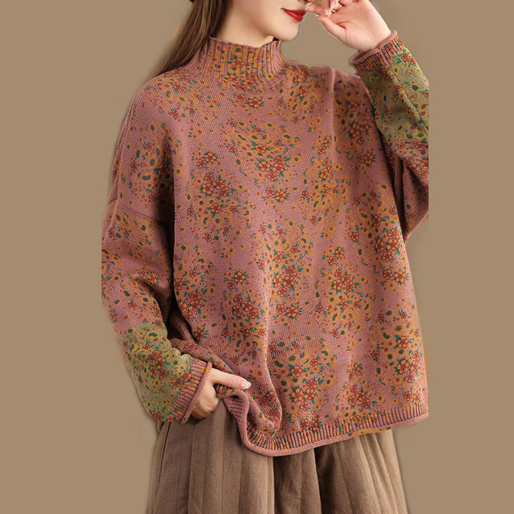 Suéter de punto de manga larga con cuello alto y estampado floral de Buddha Stones para mujer. - image 2