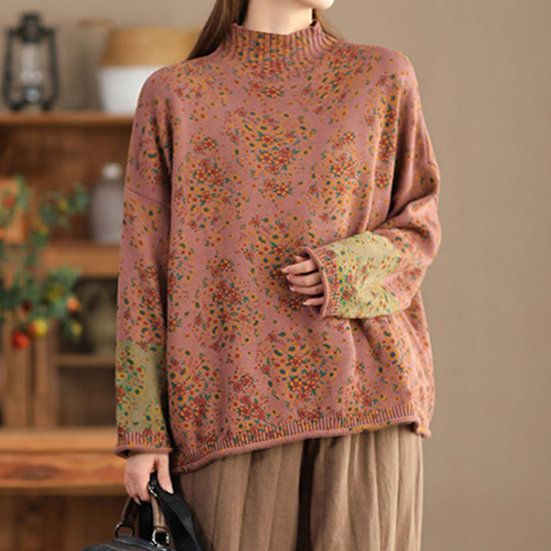 Suéter de punto de manga larga con cuello alto y estampado floral de Buddha Stones para mujer. - image 1