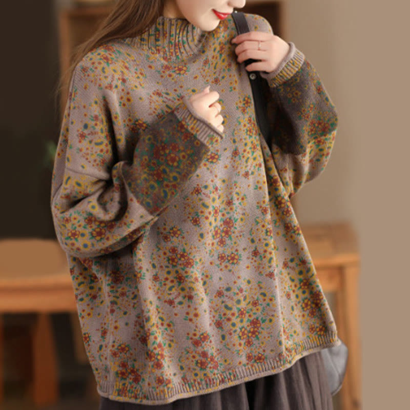 Suéter de punto de manga larga con cuello alto y estampado floral de Buddha Stones para mujer. - BurlyWood - US4-12, UK/AU8-16, EU36-44 (F) - image 10