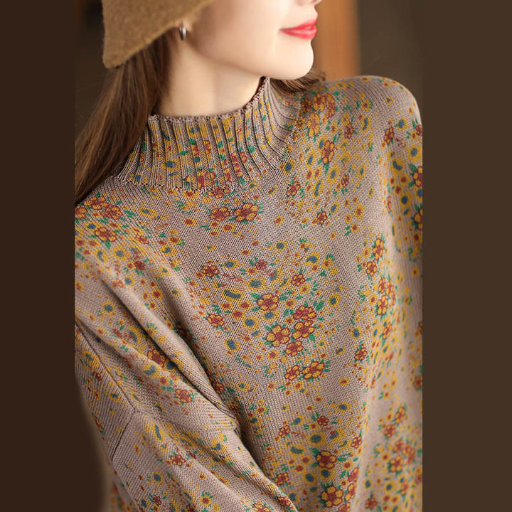 Suéter de punto de manga larga con cuello alto y estampado floral de Buddha Stones para mujer. - image 14