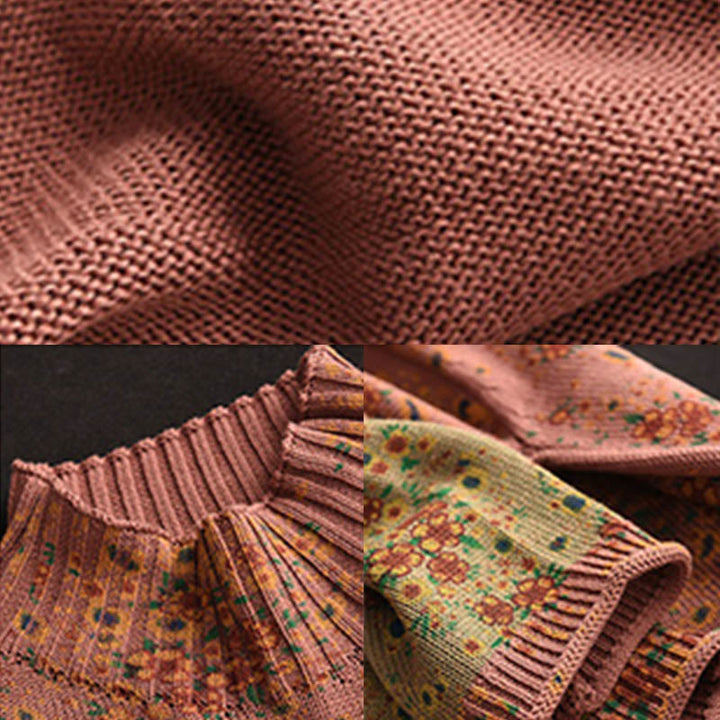 Suéter de punto de manga larga con cuello alto y estampado floral de Buddha Stones para mujer. - image 7