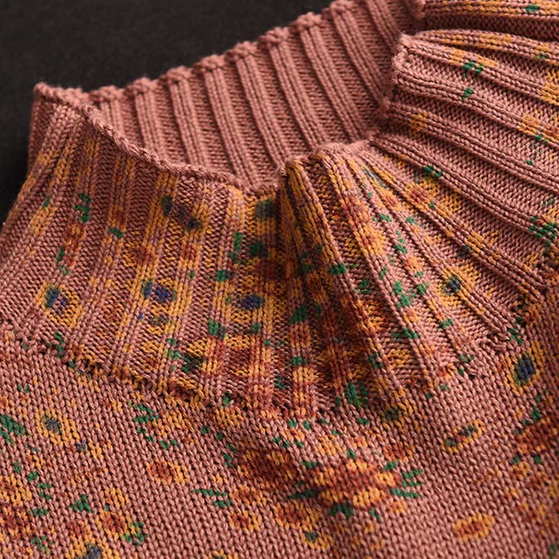 Suéter de punto de algodón para mujer con cuello alto, manga larga y estampado floral de otoño con Buddha Stones - image 3