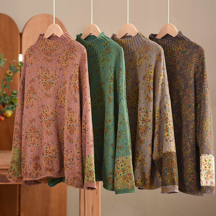 Suéter de punto de manga larga con cuello alto y estampado floral de Buddha Stones para mujer. - image 20