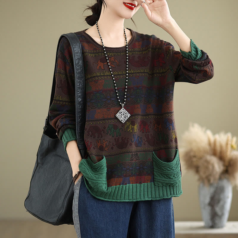 Suéter de manga larga para mujer, de algodón, con bolsillos, estampado de elefantes y Buddha Stones. - SaddleBrown - US4-6, UK/AU8-10, EU36-38 (F) - image 13