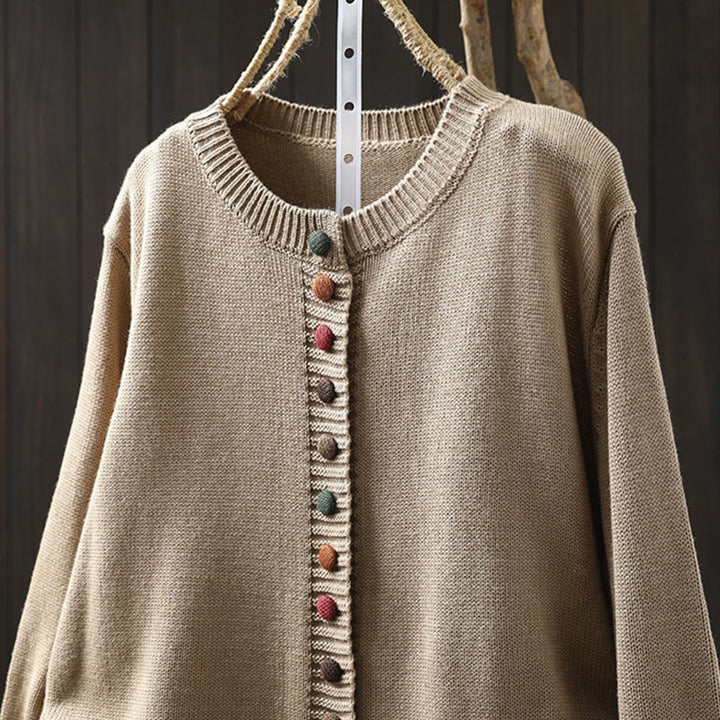 Cárdigan de manga larga para mujer, de algodón, con diseño liso de botones coloridos y Buddha Stones. - image 10