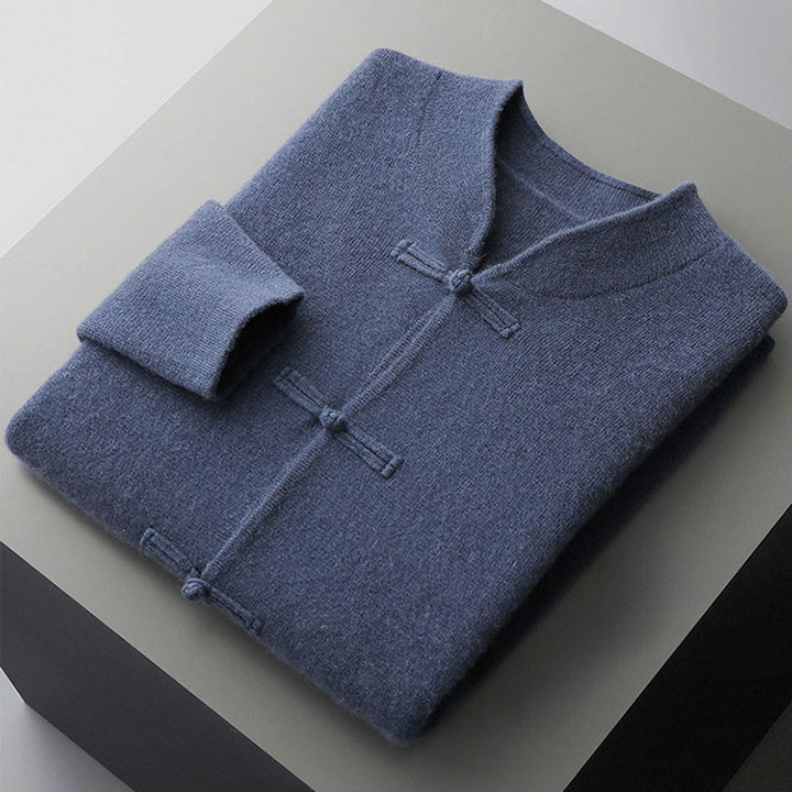 Suéter de lana de manga larga para hombre, color liso, con botones de rana chinos y Buddha Stones ( invierno). - image 1