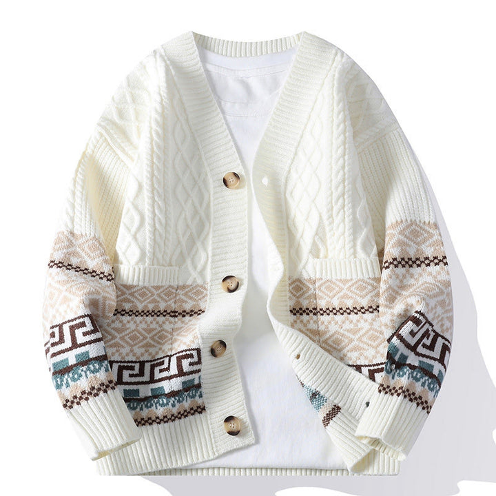 Suéter de punto étnico de manga larga para hombre con bolsillos y estampado jacquard de Buddha Stones - Blanco - US/UK/AU44, EU54 (4XL) - image 0