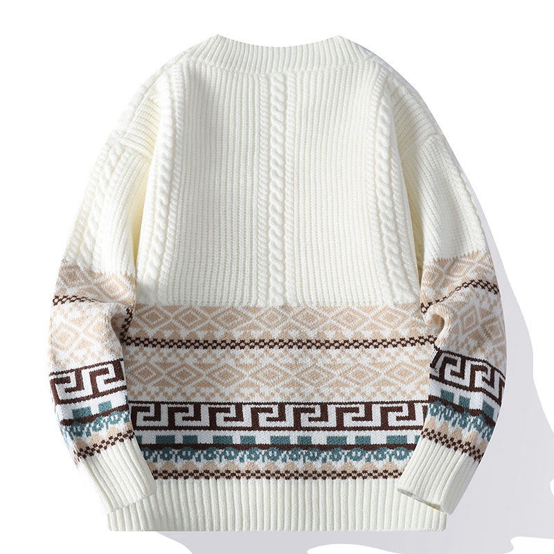 Suéter de punto étnico de manga larga para hombre con bolsillos y estampado jacquard de Buddha Stones - image 1
