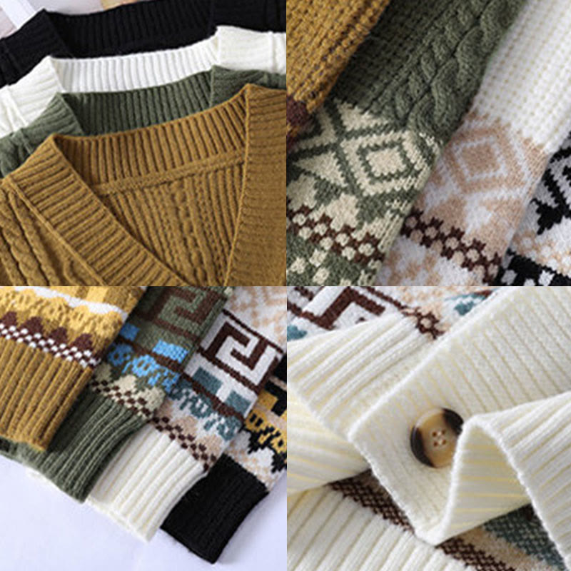 Suéter de punto étnico de manga larga para hombre con bolsillos y estampado jacquard de Buddha Stones - image 11