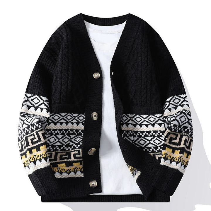Suéter de punto étnico de manga larga para hombre con bolsillos y estampado jacquard de Buddha Stones - Negro - US/UK/AU44, EU54 (4XL) - image 7