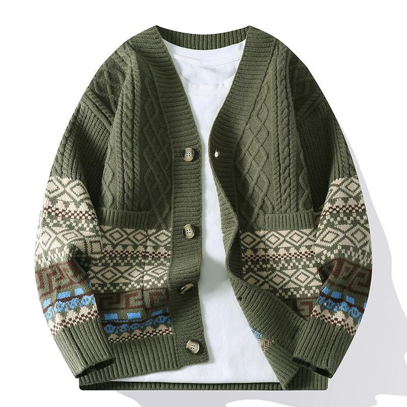 Suéter de punto étnico de manga larga para hombre con bolsillos y estampado jacquard de Buddha Stones - Verde oliva oscuro - US/UK/AU44, EU54 (4XL) - image 9