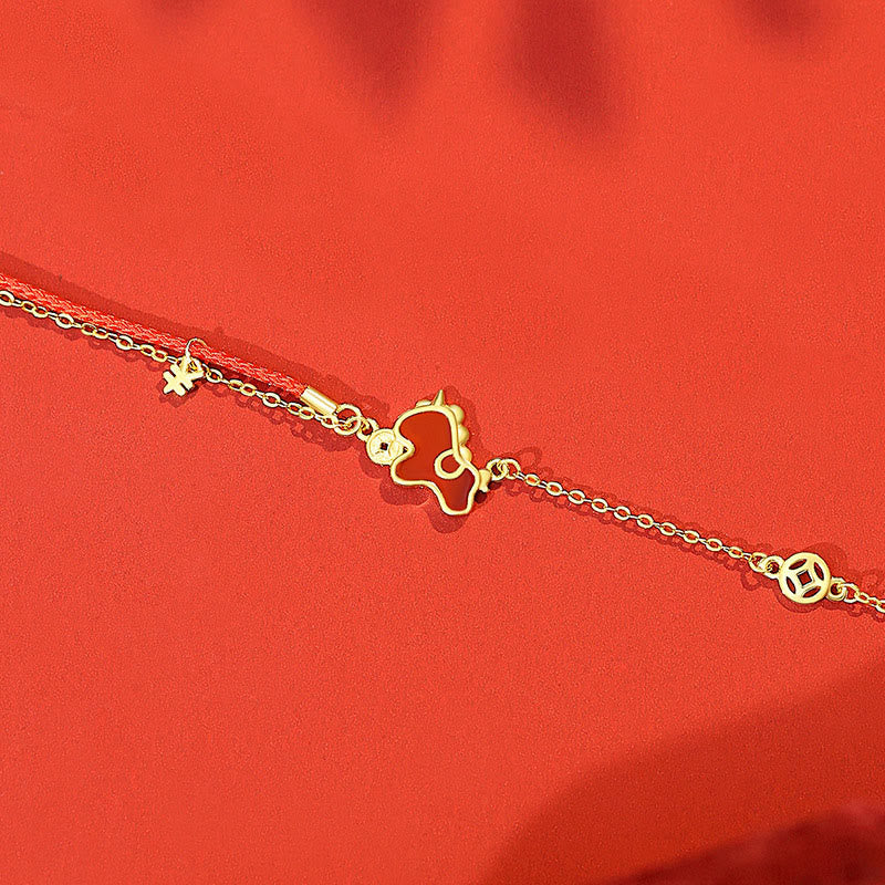 Pulsera de la suerte con dije de moneda de ágata roja y cordón rojo , con Buddha Stones , plata de ley 925, Año del Caballo - Pulsera de caballo dorado - image 7