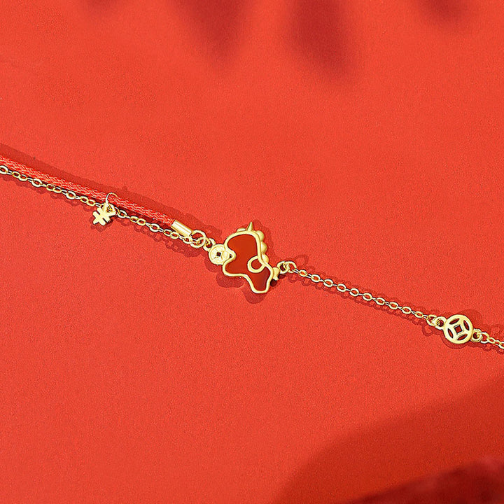 Pulsera de la suerte con dije de moneda de ágata roja y cordón rojo , con Buddha Stones , plata de ley 925, Año del Caballo - Pulsera del Caballo Dorado - image 7