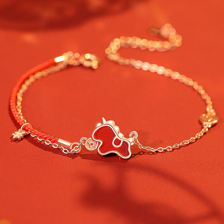 Pendientes asimétricos de protección con moneda de plata de ley 925 y Buddha Stones , con ágata roja, año del caballo. - Pulsera de caballo - image 9