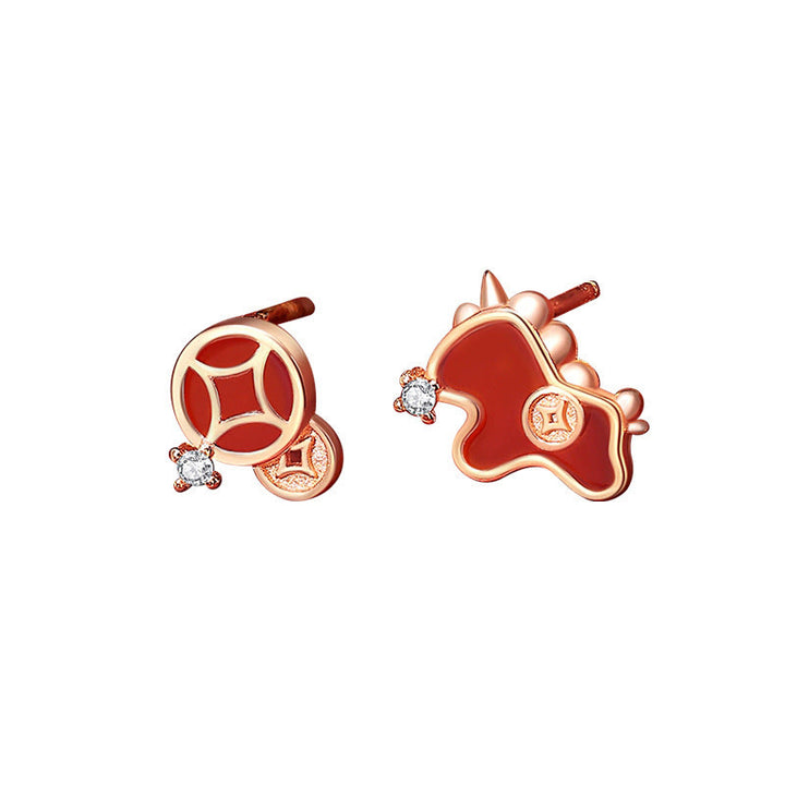 Pendientes asimétricos de protección con moneda de plata de ley 925 y Buddha Stones , con ágata roja, año del caballo. - image 3