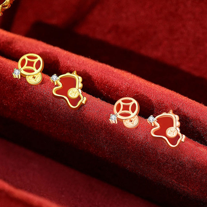 Pendientes asimétricos de protección con moneda de plata de ley 925 y Buddha Stones , con ágata roja, año del caballo. - image 7