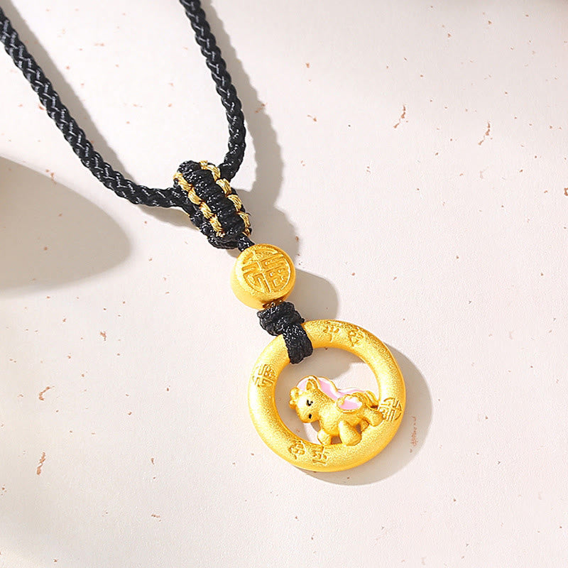 Collar con colgante de la suerte con hebilla de la paz y el personaje Fu, de plata de ley 925 con Buddha Stones y símbolo del Año del Caballo. - Collar de hilo negro con caballo - image 1