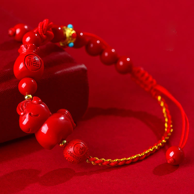 Pulsera de la suerte con forma de bolsa, símbolo de Fu , con Buddha Stones del Año del Caballo y cinabrio natural. - Cinabrio (Circunferencia de la muñeca 14-18 cm) - image 0