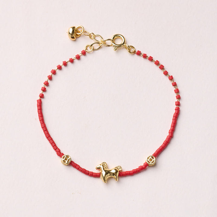 Pulsera de la prosperidad de Buda con Buddha Stones, chapada en oro y plata de ley 925, año del caballo, cristal Liuli rojo. - Pulsera de caballo - image 1