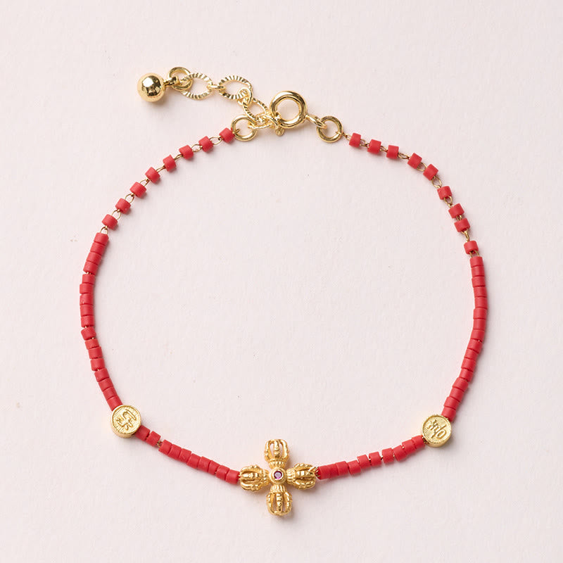 Pulsera de la prosperidad de Buda con Buddha Stones, chapada en oro y plata de ley 925, año del caballo, cristal Liuli rojo. - Pulsera de trébol de cuatro hojas - image 20