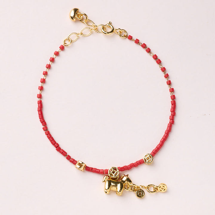 Pulsera de la prosperidad de Buda con Buddha Stones, chapada en oro y plata de ley 925, año del caballo, cristal Liuli rojo. - Pulsera de monedas de caballo - image 13