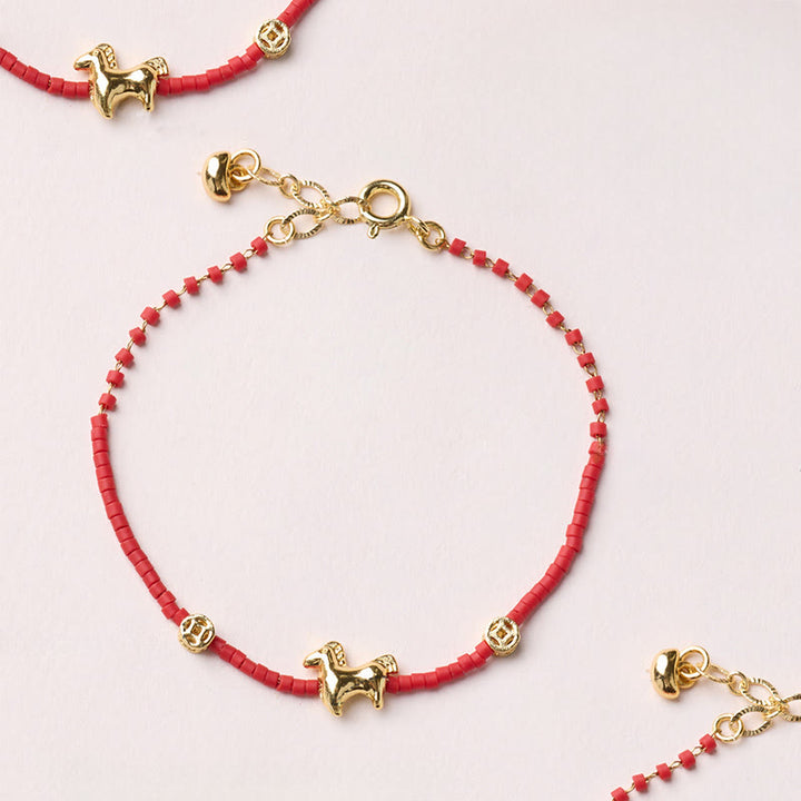 Pulsera de la prosperidad con cristales Liuli rojos del Año del Caballo y plata de ley 925 bañada en oro con Buddha Stones - image 0