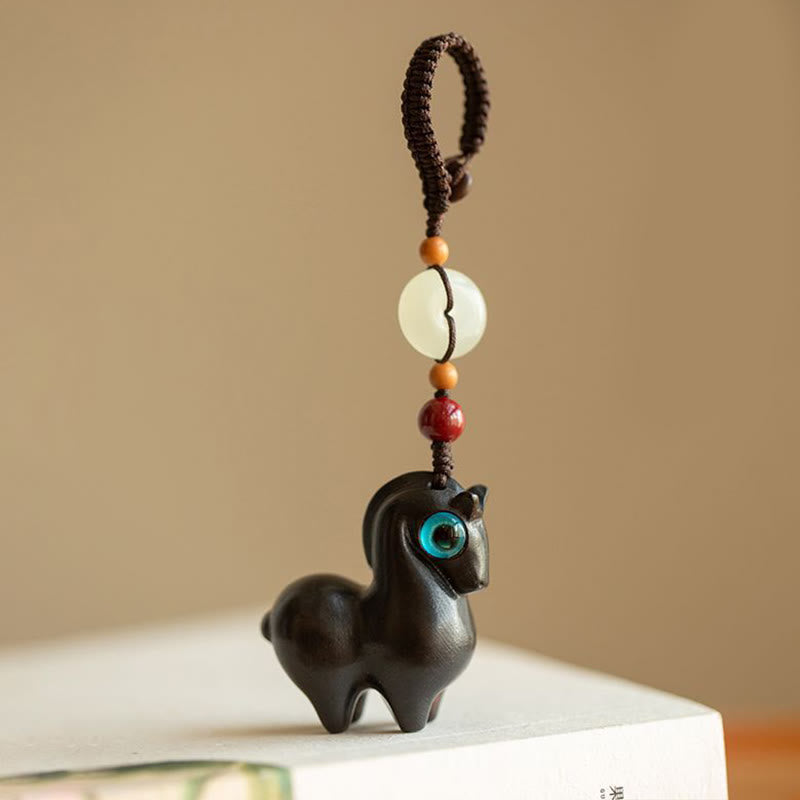 Buddha Stones Año del Caballo Hoja pequeña Sándalo rojo Sándalo verde Madera de ébano Llavero de calma - Madera de ébano - Cuerda de botón - image 0