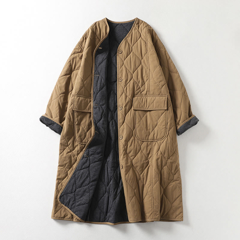 Abrigo de algodón para mujer con cuello en V, manga larga, bolsillos, botones lisos y estampado de Buddha Stones. - Broncearse - US14，UK/AU18，EU46 (2XL) - image 0