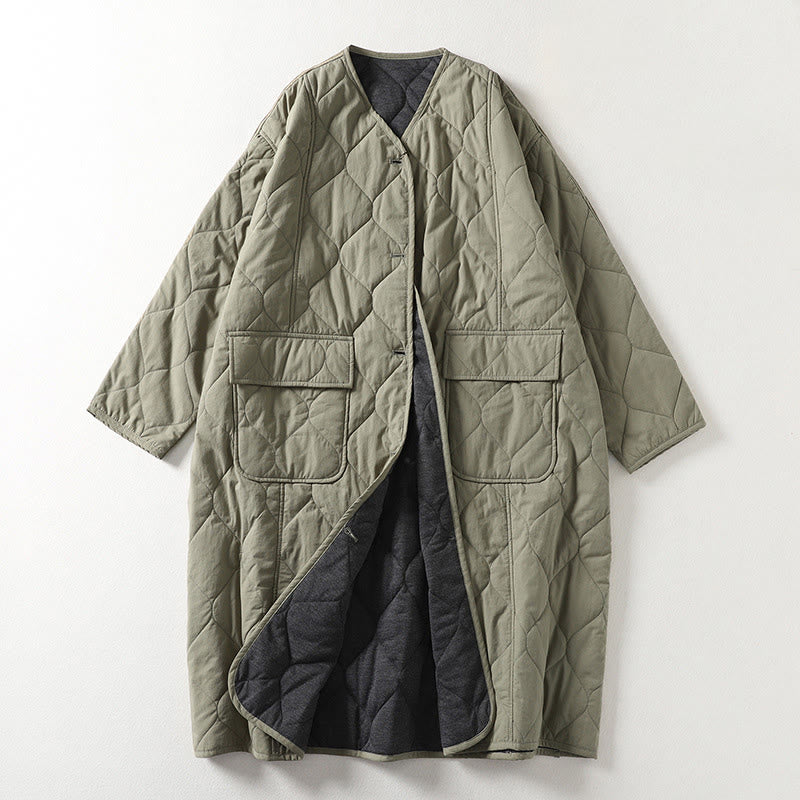 Abrigo de algodón para mujer con cuello en V, manga larga, bolsillos, botones lisos y estampado de Buddha Stones. - Verde mar oscuro - US14，UK/AU18，EU46 (2XL) - image 6