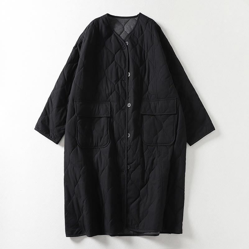 Abrigo de algodón para mujer con cuello en V, manga larga, bolsillos, botones lisos y estampado de Buddha Stones. - Negro - US14，UK/AU18，EU46 (2XL) - image 5