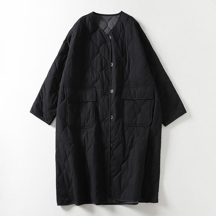 Abrigo de algodón para mujer con cuello en V, manga larga, bolsillos, botones lisos y estampado de Buddha Stones. - Negro - US14，UK/AU18，EU46 (2XL) - image 5