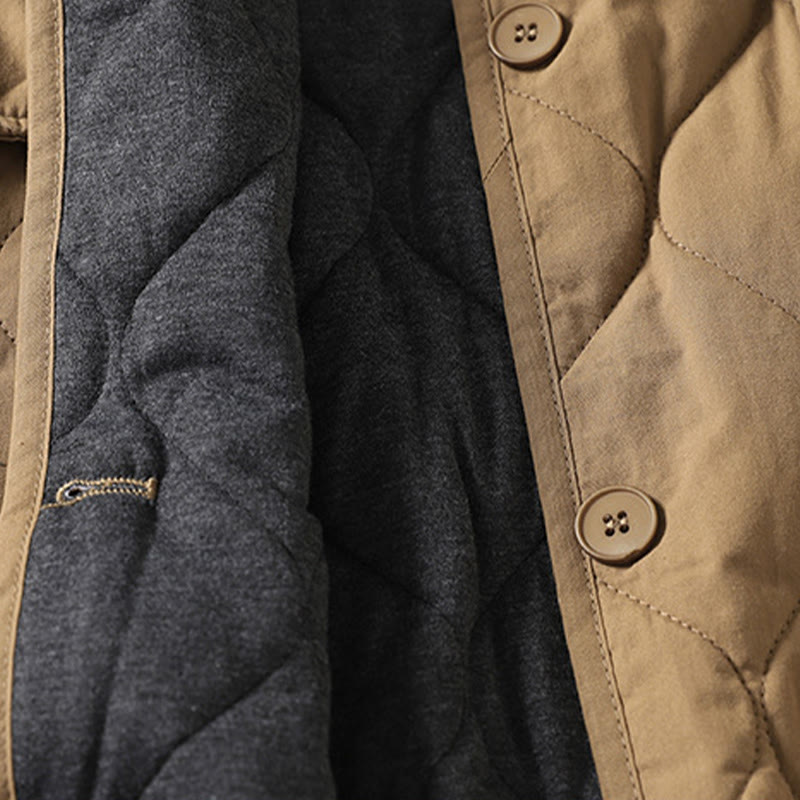 Abrigo de algodón para mujer con cuello en V, manga larga, bolsillos, botones lisos y estampado de Buddha Stones. - image 3