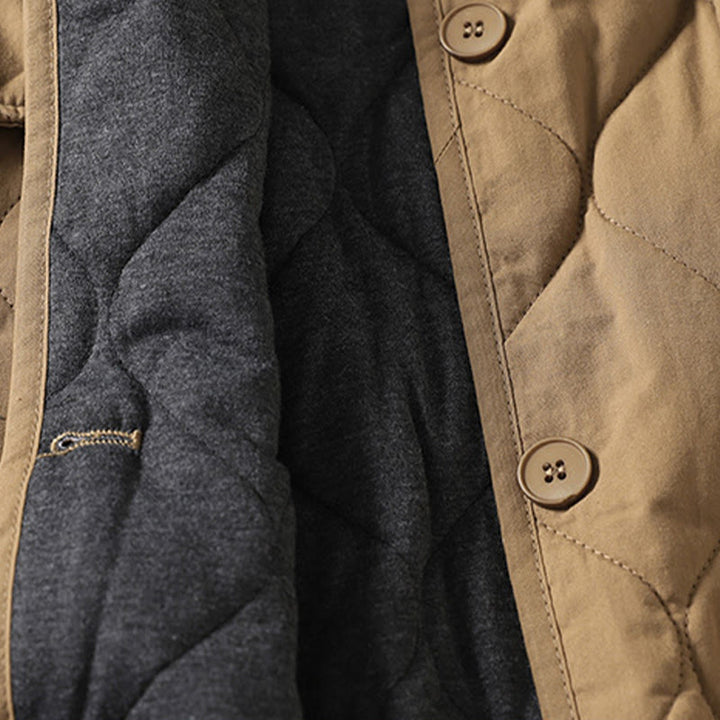 Abrigo de algodón para mujer con cuello en V, manga larga, bolsillos, botones lisos y estampado de Buddha Stones. - image 3