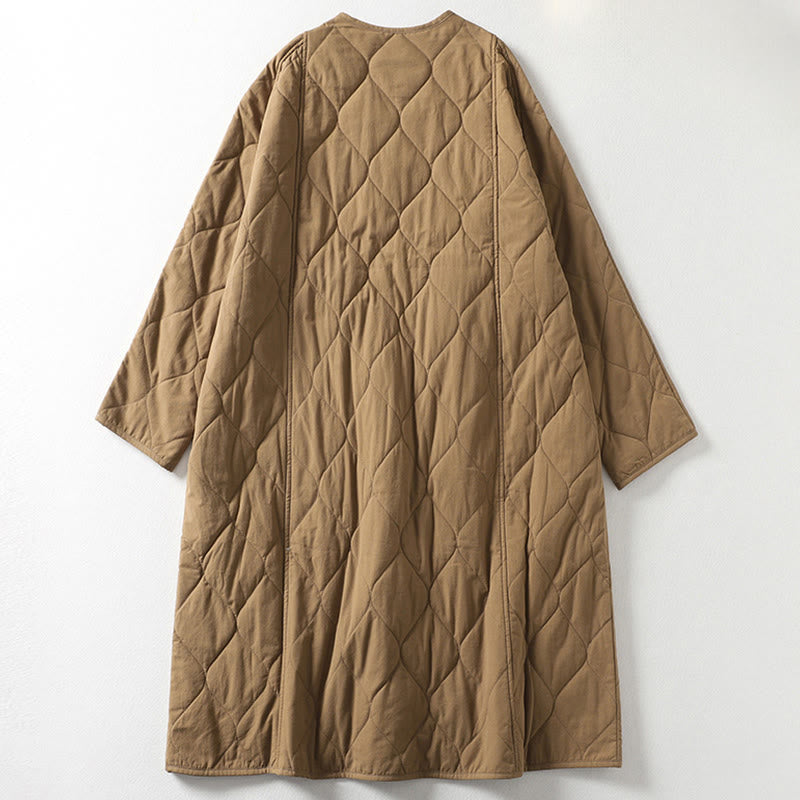 Abrigo de algodón para mujer con cuello en V, manga larga, bolsillos, botones lisos y estampado de Buddha Stones. - image 1