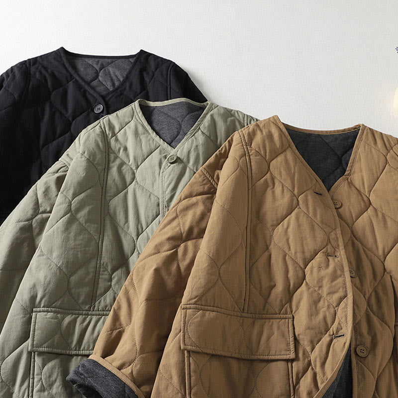 Abrigo de algodón para mujer con cuello en V, manga larga, bolsillos, botones lisos y estampado de Buddha Stones. - image 8