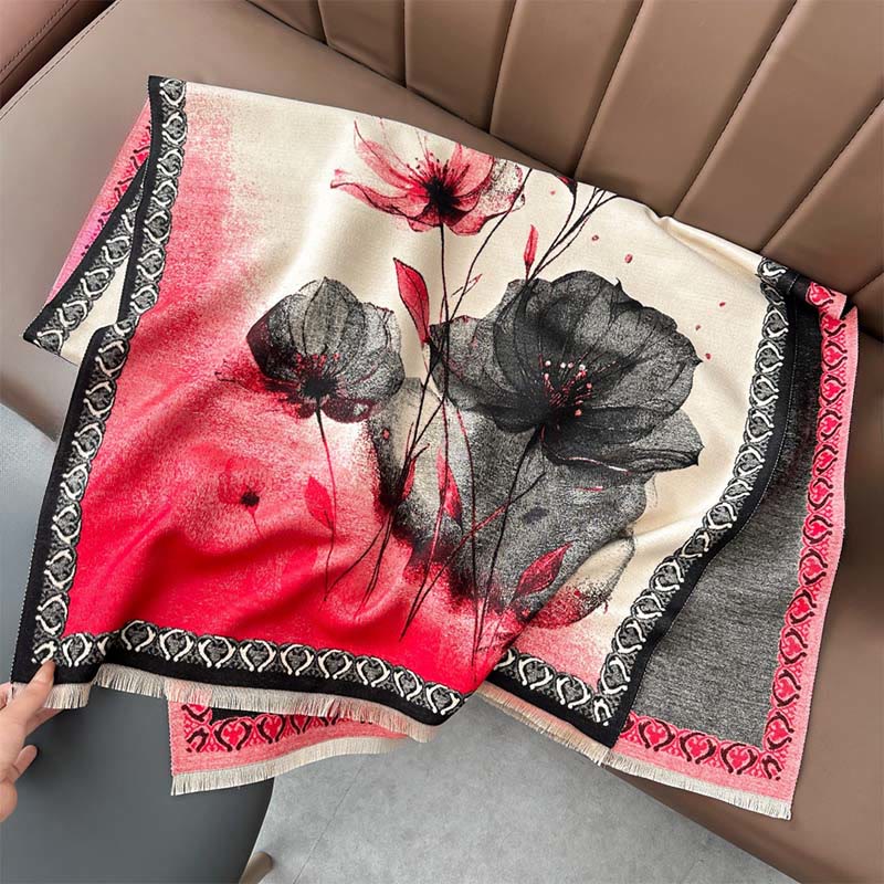 Bufanda/chal suave con estampado de hojas y flores de loto, pintado con tinta y Buddha Stones para invierno - Tomate - 180 x 65 cm - image 4