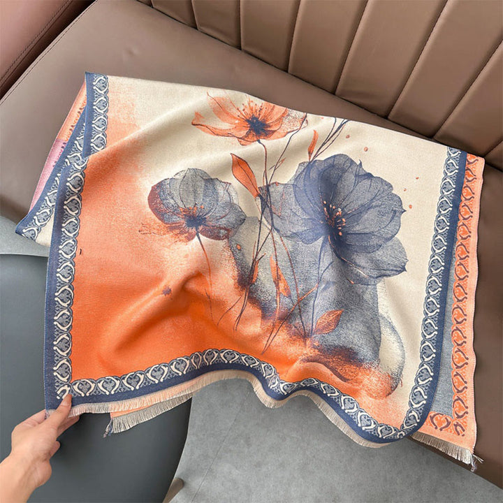 Bufanda/chal suave con estampado de hojas y flores de loto, pintado con tinta y Buddha Stones para invierno - Salmón claro - 180 x 65 cm - image 8