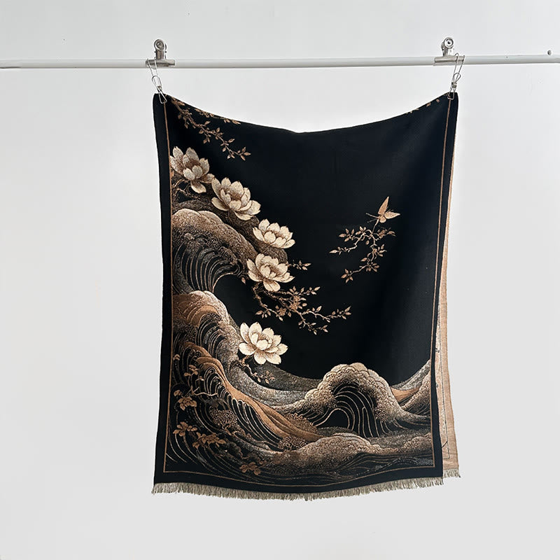 Bufanda suave con borlas, estampado de flores de loto, olas del océano y Buddha Stones. - image 1