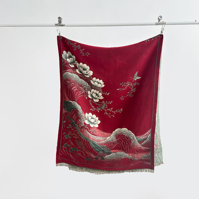 Bufanda suave con borlas, estampado de flores de loto, olas del océano y Buddha Stones. - Rojo oscuro - 185*65 cm - image 4
