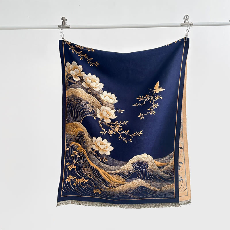 Bufanda suave con borlas, estampado de flores de loto, olas del océano y Buddha Stones. - Marina de guerra - 185*65 cm - image 9