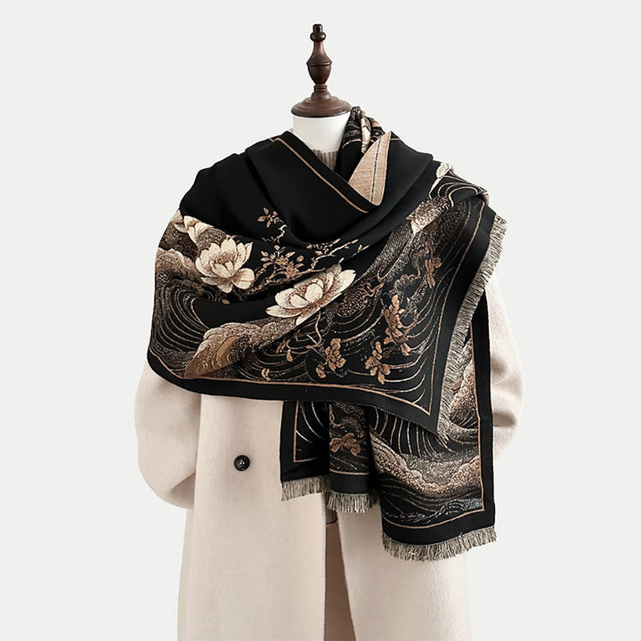 Bufanda suave con borlas, estampado de flores de loto, olas del océano y Buddha Stones. - Negro - 185*65 cm - image 0