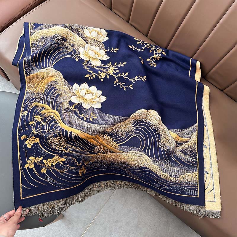 Bufanda suave con borlas, estampado de flores de loto, olas del océano y Buddha Stones. - image 10