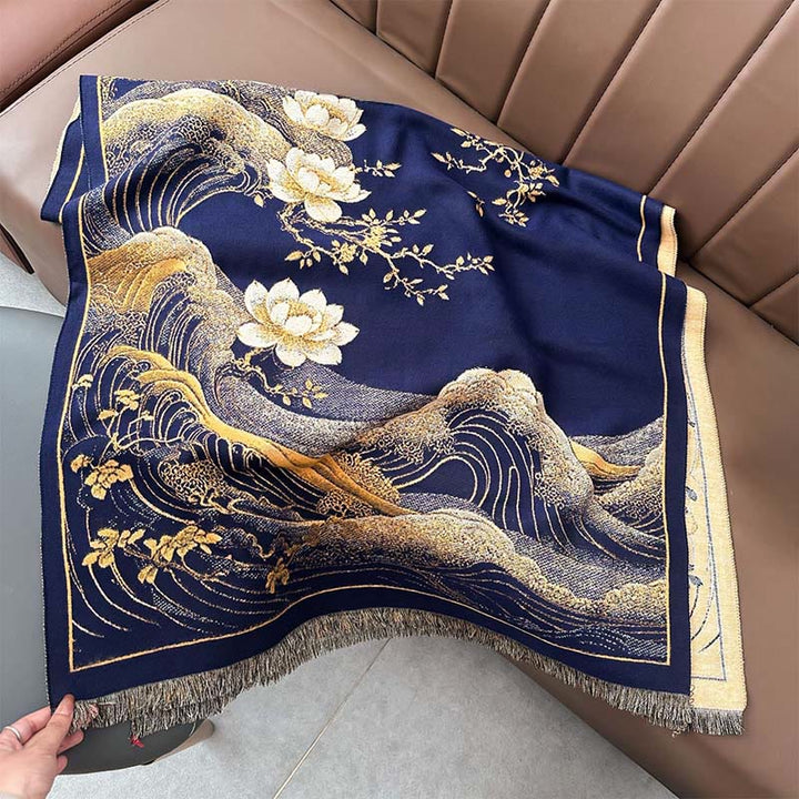 Bufanda suave con borlas, estampado de flores de loto, olas del océano y Buddha Stones. - image 10