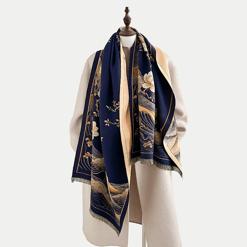 Bufanda suave con borlas, estampado de flores de loto, olas del océano y Buddha Stones. - image 11