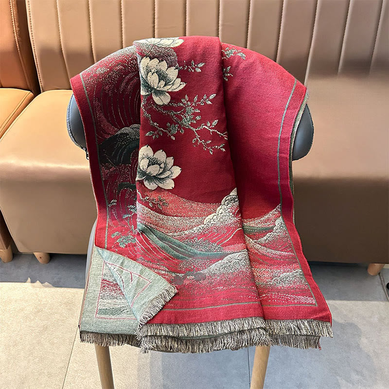 Bufanda suave con borlas, estampado de flores de loto, olas del océano y Buddha Stones. - image 6