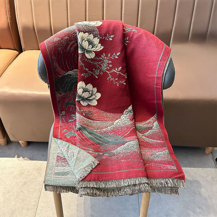 Bufanda suave con borlas, estampado de flores de loto, olas del océano y Buddha Stones. - image 6